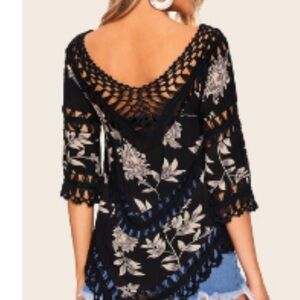 Ladies V Neck Three-quarters Sleeved Floral Print Asymmetrical  Boho Blouse  M